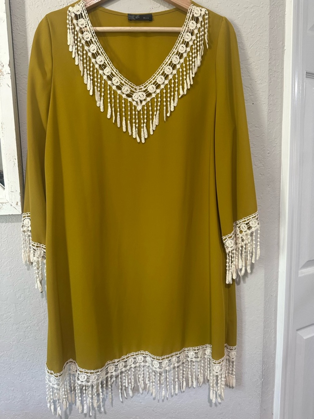 Miin Mustard Tunic with Cream Lace Fringe